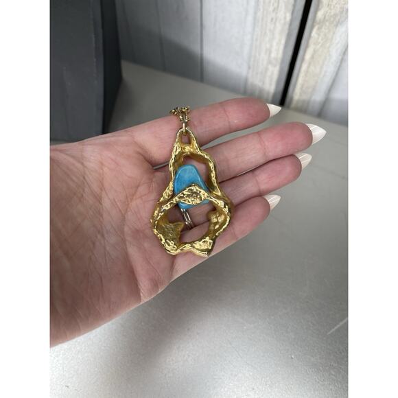 Gold Plated Necklace Blue Turquoise Pendant Designer Gems Jewelry - Picture 4 of 5